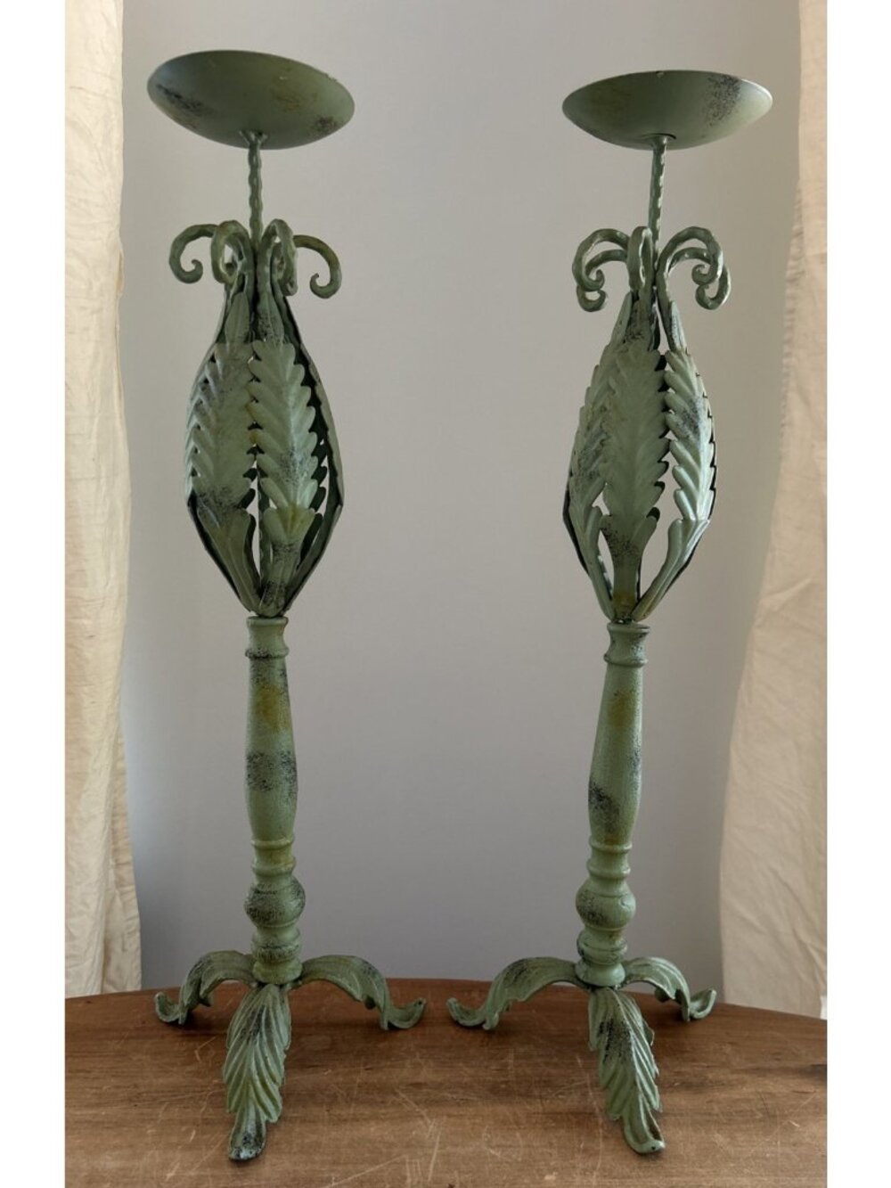 Vintage Pair Of Acanthus Leaves Wrought Iron Candle Stand Holders Green Painted